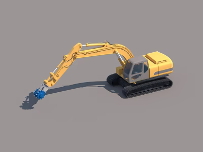Yellow Excavator With Tracked Chassis And Blue Demolition Tool For Construction 3d model
