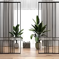 Modern Glass Room Divider With Vertical Stripes Black Frame Round Handles And Plants In Interior