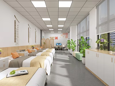 Rehabilitation Center Interior With Treatment Beds Green Plants And Bright Windows 3d model