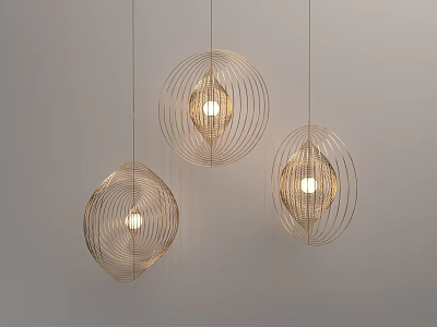 Stylish Metallic Wireframe Pendant Lights in Circular and Oval Shapes Illuminated on Gray Background 3d model