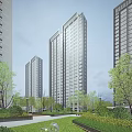Modern High Rise Residential Buildings With Lush Greenery And Street Lights In Community