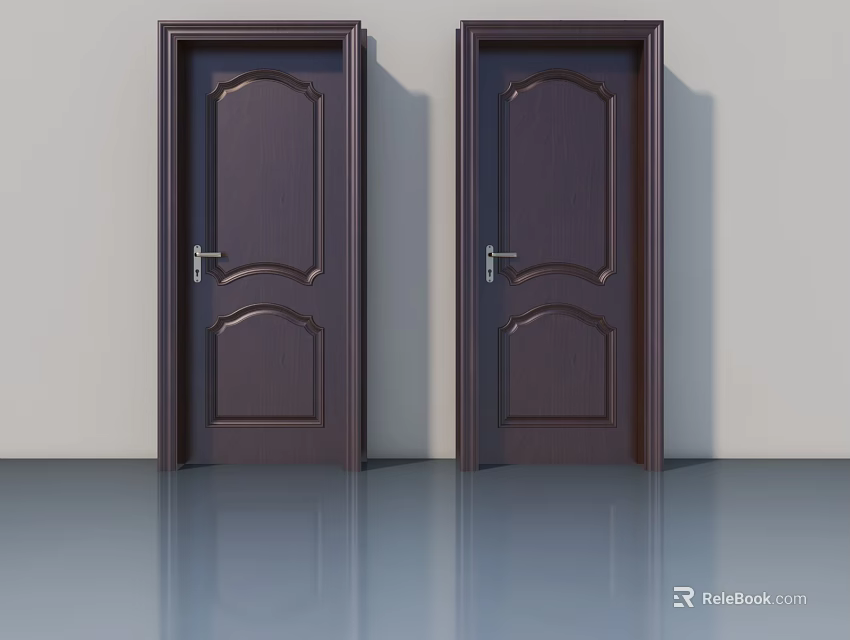 Two Dark Brown Wooden Swing Doors With Decorative Panels And Light Wall Background 3d model 