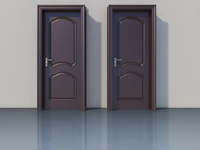 Two Dark Brown Wooden Swing Doors With Decorative Panels And Light Wall Background 3d model