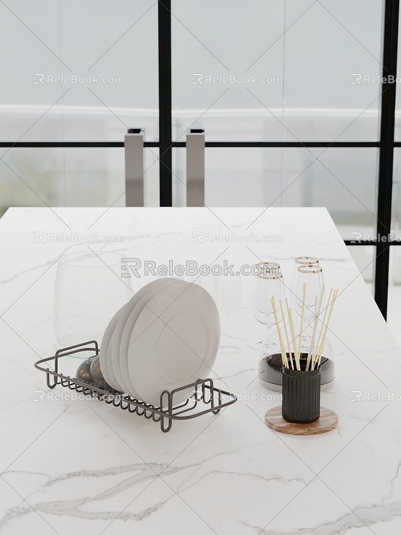 Modern Kitchen Ornaments Plate Plate Rack Glass Bottle 3d model