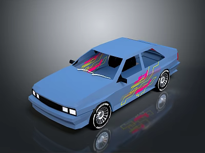 Blue Car with Colorful Flame Decals and Stylish Rims 3D Render 3d model