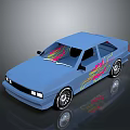 Blue Car with Colorful Flame Decals and Stylish Rims 3D Render