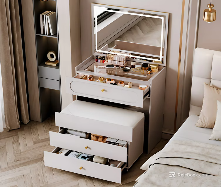 Elegant Modern Dressing Table With Open Drawers Mirror And Cosmetic Decor Items 3d model