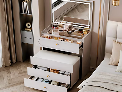 Elegant Modern Dressing Table With Open Drawers Mirror And Cosmetic Decor Items 3d model