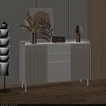 Modern White Sideboard with Decorative Vase Plant Table Lamp and Radio in Stylish Interior