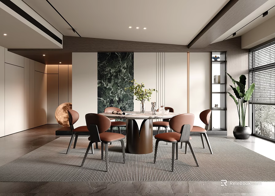 Elegant Modern Restaurant Interior With Round Dining Table And Leather Chairs 3d model