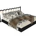 Modern Double Bed Design With Scalloped Black Beige Headboard Patterned Pillows And Brown Throw