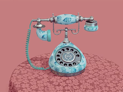 Vintage Blue And White Rotary Dial Telephone On Patterned Tablecloth With Pink Background 3d model