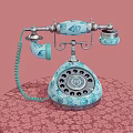Vintage Blue And White Rotary Dial Telephone On Patterned Tablecloth With Pink Background