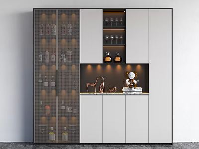 Modern Wine Cabinet With Glass Doors Wine Bottles And Decorative Items On Open Shelf 3d model