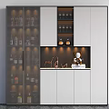 Modern Wine Cabinet With Glass Doors Wine Bottles And Decorative Items On Open Shelf