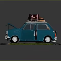 Blue Classic Car With Open Doors Hood And Roof Luggage Parked On Road With Grass