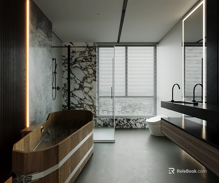 Modern Bathroom Interior Design With Wooden Bathtub Marble Wall Glass Shower And Blinds 3d model 