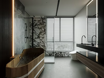 Modern Bathroom Interior Design With Wooden Bathtub Marble Wall Glass Shower And Blinds 3d model