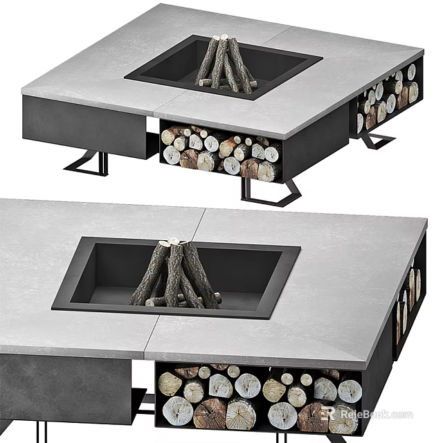 Modern Fireplace With Concrete Top And Firewood Storage Compartment In Home Interior 3d model 