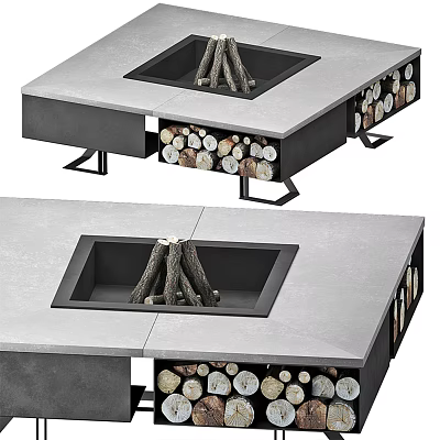 Modern Fireplace With Concrete Top And Firewood Storage Compartment In Home Interior 3d model