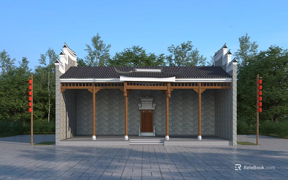 Traditional Ancient Architecture With Tiled Roof Wooden Pillars Stone Walls And Red Lanterns 3d model 
