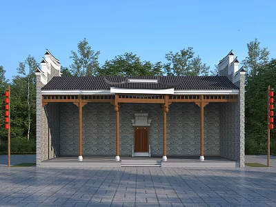 Traditional Ancient Architecture With Tiled Roof Wooden Pillars Stone Walls And Red Lanterns 3d model