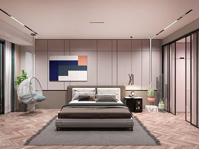 Modern Hotel Room Interior Design With Bedside Table Rug And Hanging Chair 3d model