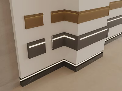 Modern Interior Corner Design With Brown Gray White Decorative Strips And LED Light Accents 3d model