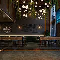 Modern Restaurant Interior With Hanging Pendant Lights Green Plants Wooden Tables And Product Shelves
