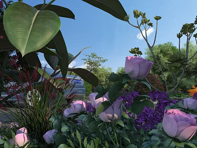 Garden Landscape Featuring Purple Roses Purple Flowers Green Leaves Trees And Blue Sky 3d model