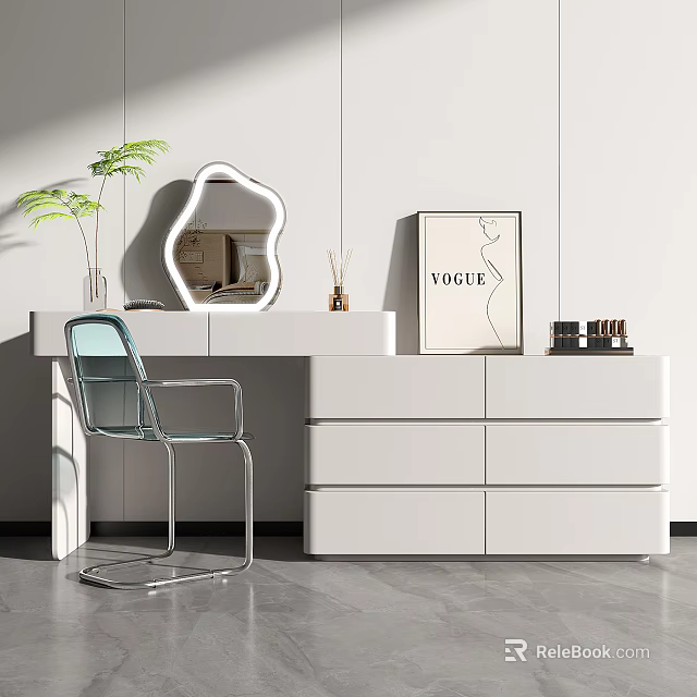 Modern White Dressing Table With Irregular Mirror And Transparent Chair 3d model