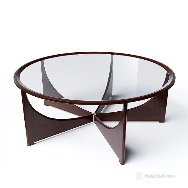 Round Coffee Table With Glass Top And Unique Wooden Leg Design 3d model 
