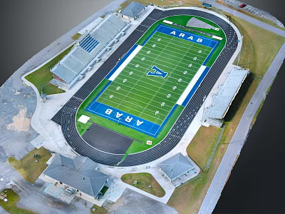 Aerial View of APACHE Football Field With Green Turf White Lines Stands and Track 3d model