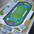 Aerial View of APACHE Football Field With Green Turf White Lines Stands and Track