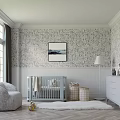 Kids Room Interior Design With Patterned Wallpaper Large Windows Crib Gray Armchair Floor Lamp Dresser