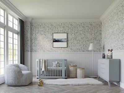 Kids Room Interior Design With Patterned Wallpaper Large Windows Crib Gray Armchair Floor Lamp Dresser 3d model