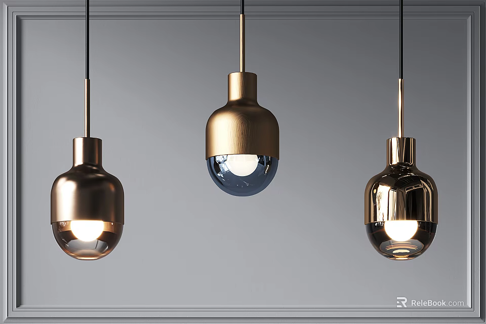 Modern Metallic Pendant Lights With Gold Copper Finish Spherical Design Hanging From Gray Ceiling 3d model 
