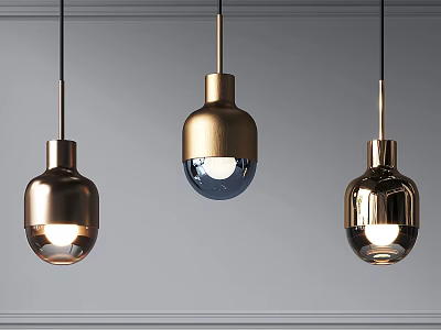 Modern Metallic Pendant Lights With Gold Copper Finish Spherical Design Hanging From Gray Ceiling 3d model