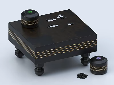 Elegant Black Entertainment Table with Round Containers Green Purple Emblems Spherical Feet and Black Chips 3d model