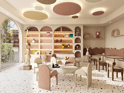Cozy Milk Tea Shop Interior With Soft Tones And Arc Shelves 3d model