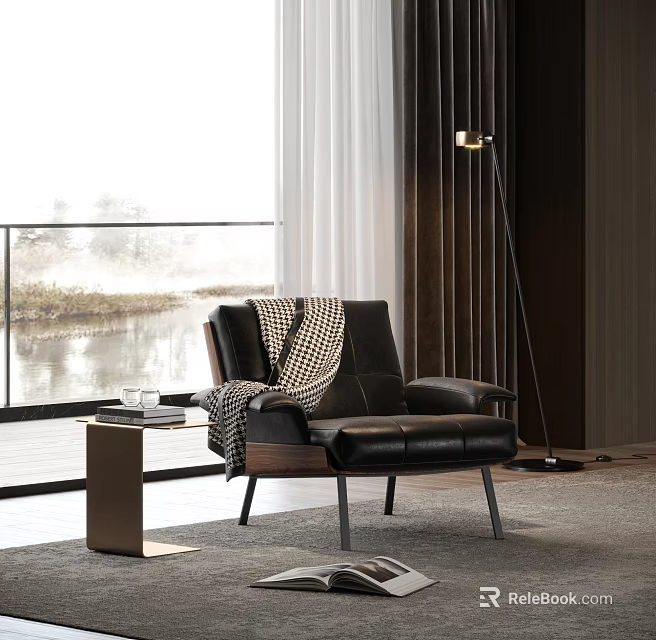 Modern Armchair In Living Room With Side Table And Floor Lamp 3d model 