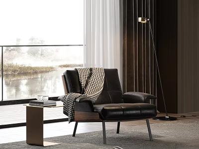 Modern Armchair In Living Room With Side Table And Floor Lamp 3d model