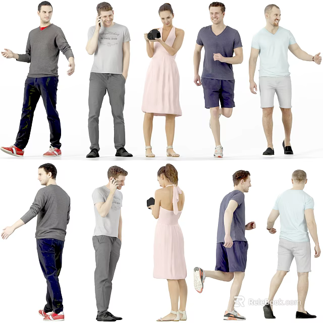 Group of People in Various Dynamic Poses Standing Walking and Running 3d model