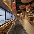 Traditional Restaurant Interior Design With Large Tree Red Patterned Bamboo Lanterns And Wooden Tables