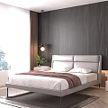 Modern Gray Leather Double Bed With Nightstand Green Plant Table Lamp Wooden Wall And Curtains
