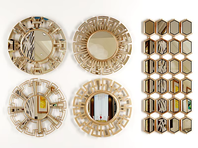 Decorative Wall Mirrors With Geometric Patterns And Golden Frames For Home Decor 3d model