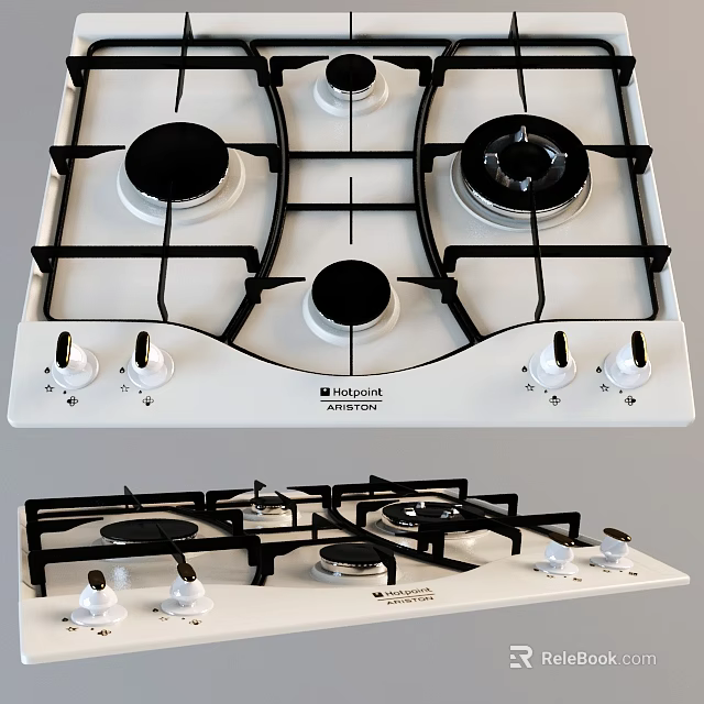 Modern White Gas Stove With Black Burners And Control Knobs For Kitchen 3d model 
