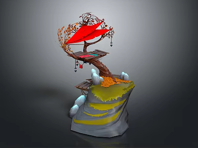 Decorative Tree With Red Umbrella Shaped Leaves On Yellow Gray Rock Base And Small Platform 3d model
