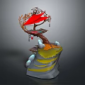 Decorative Tree With Red Umbrella Shaped Leaves On Yellow Gray Rock Base And Small Platform