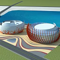 Modern Stadium Building Featuring Unique Round Dome Design Waterfront And Colorful Ground Patterns 3d model